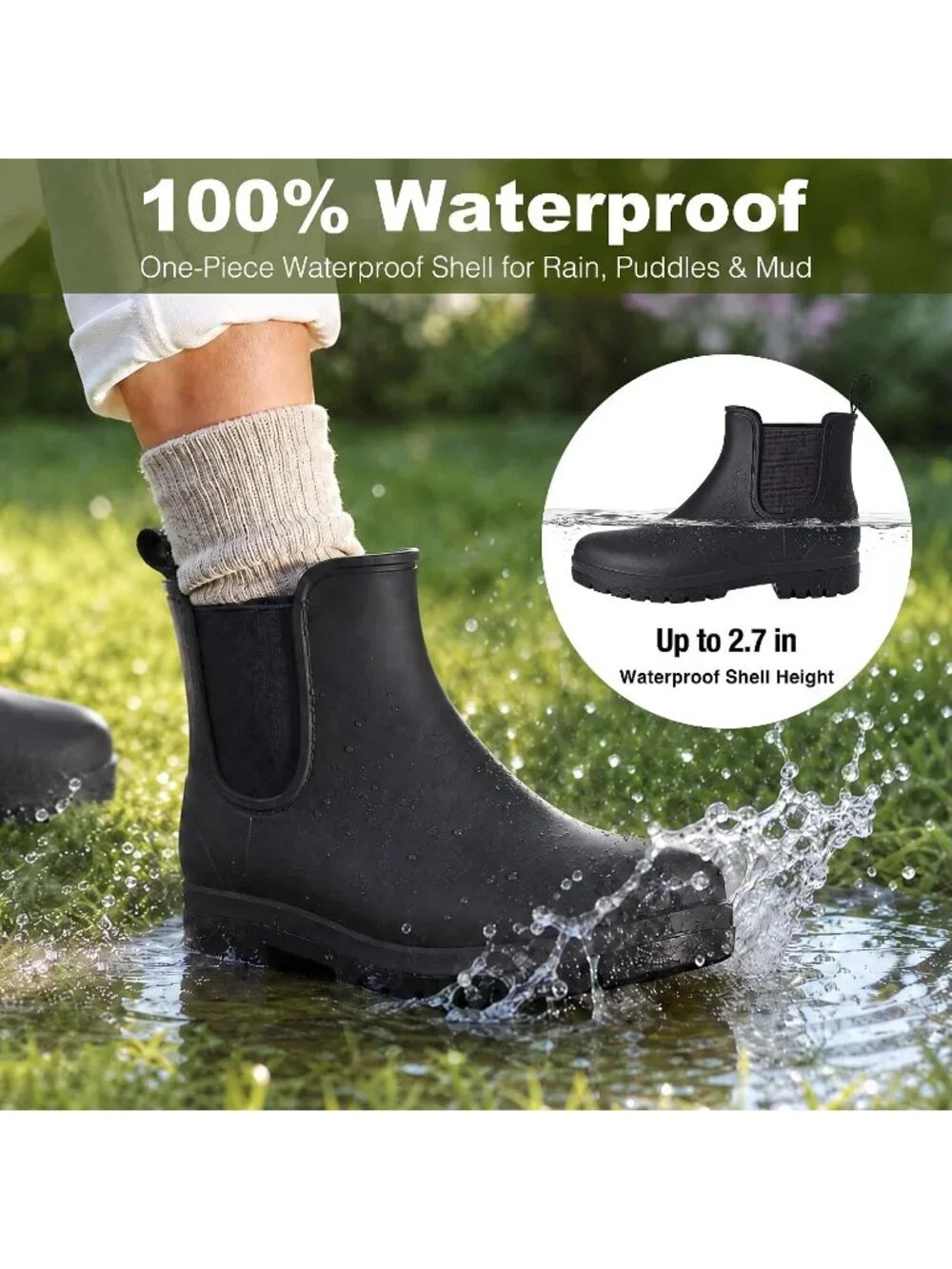 Women's Black Waterproof Chelsea Rain Boots Non Slip Garden Ankle Boots